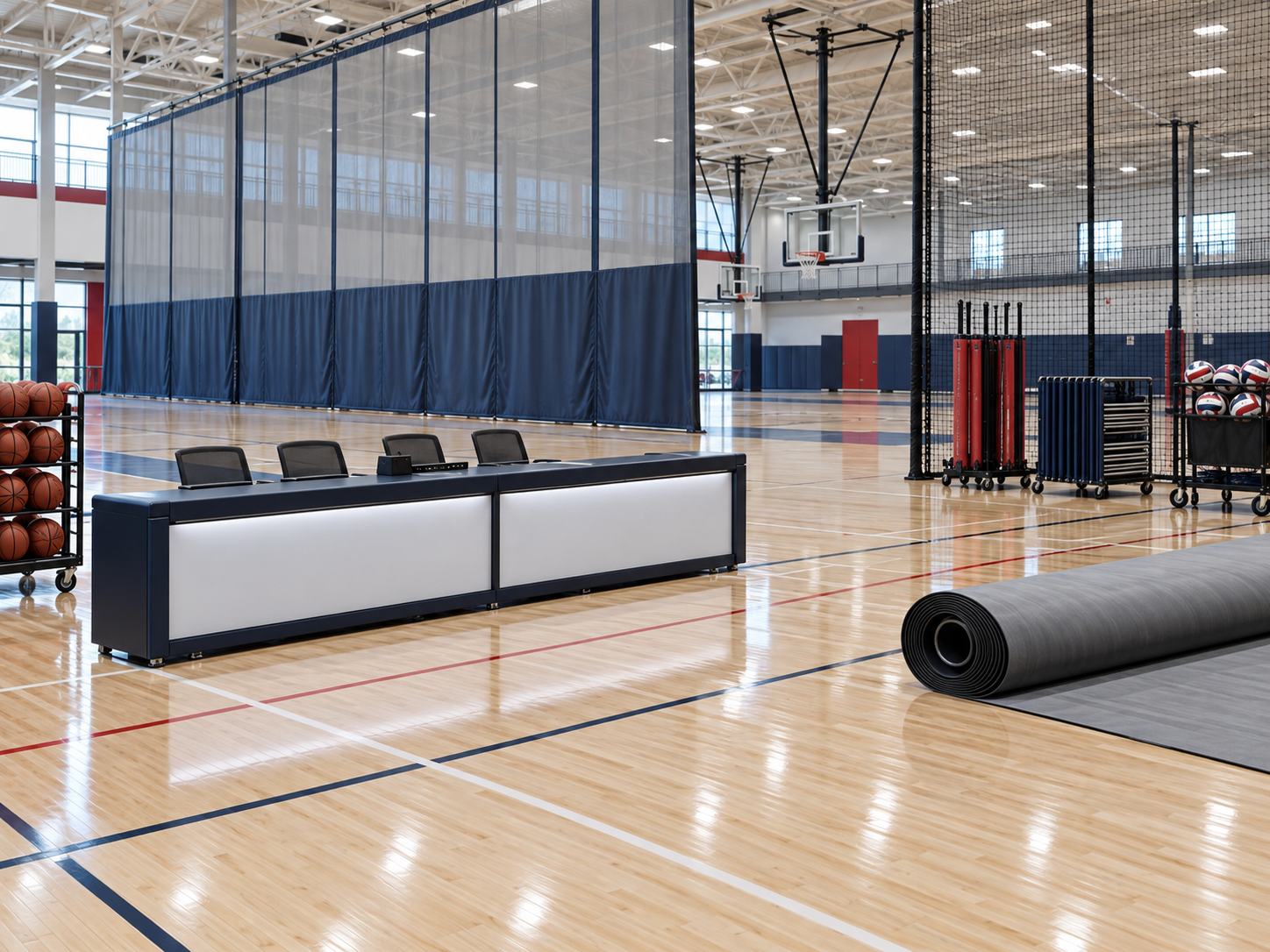 Scorer table, divider curtain, storage carts and gym floor cover