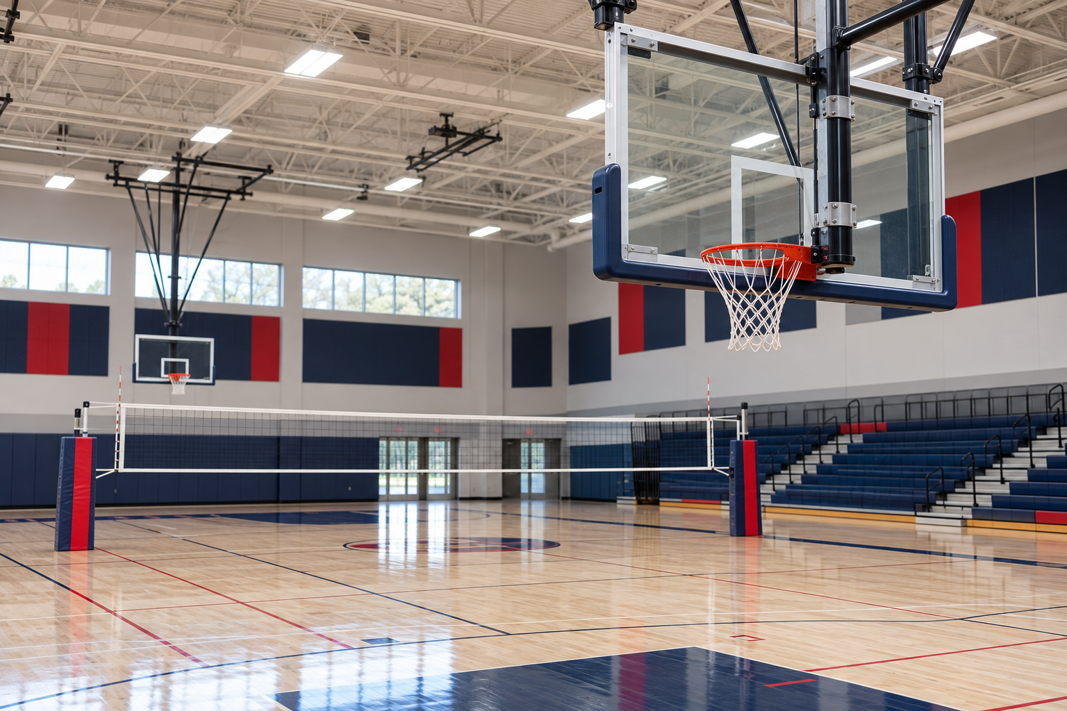 Ceiling-suspended basketball goal in a modern gym