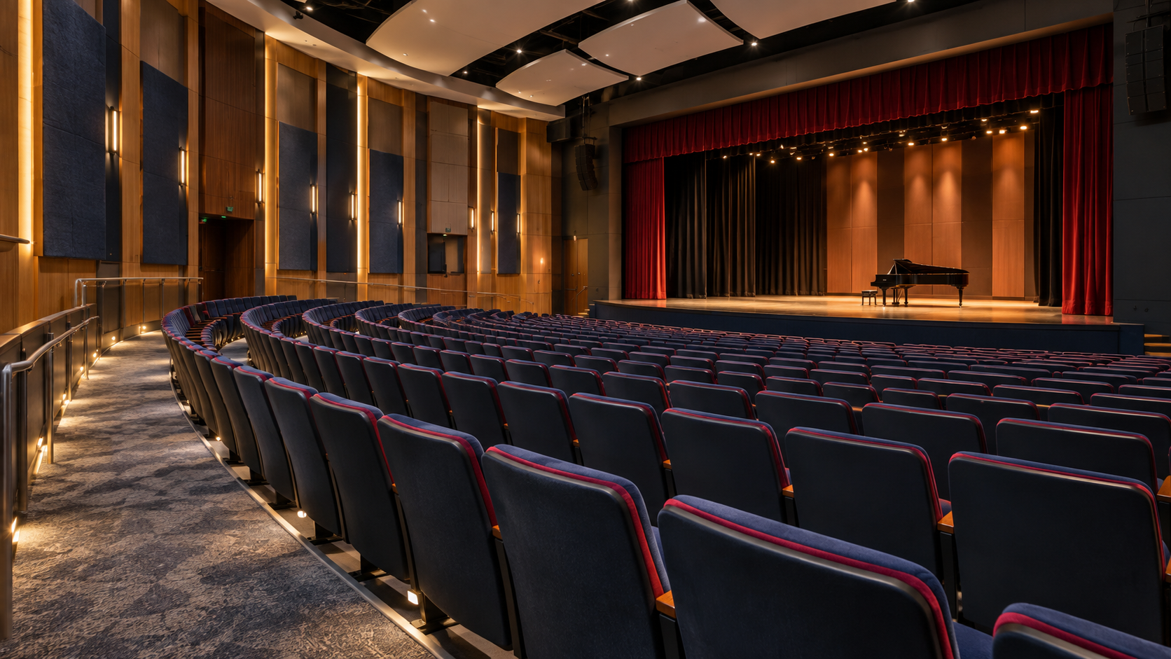 Modern performing arts theater with fixed upholstered seating and clear stage sightlines