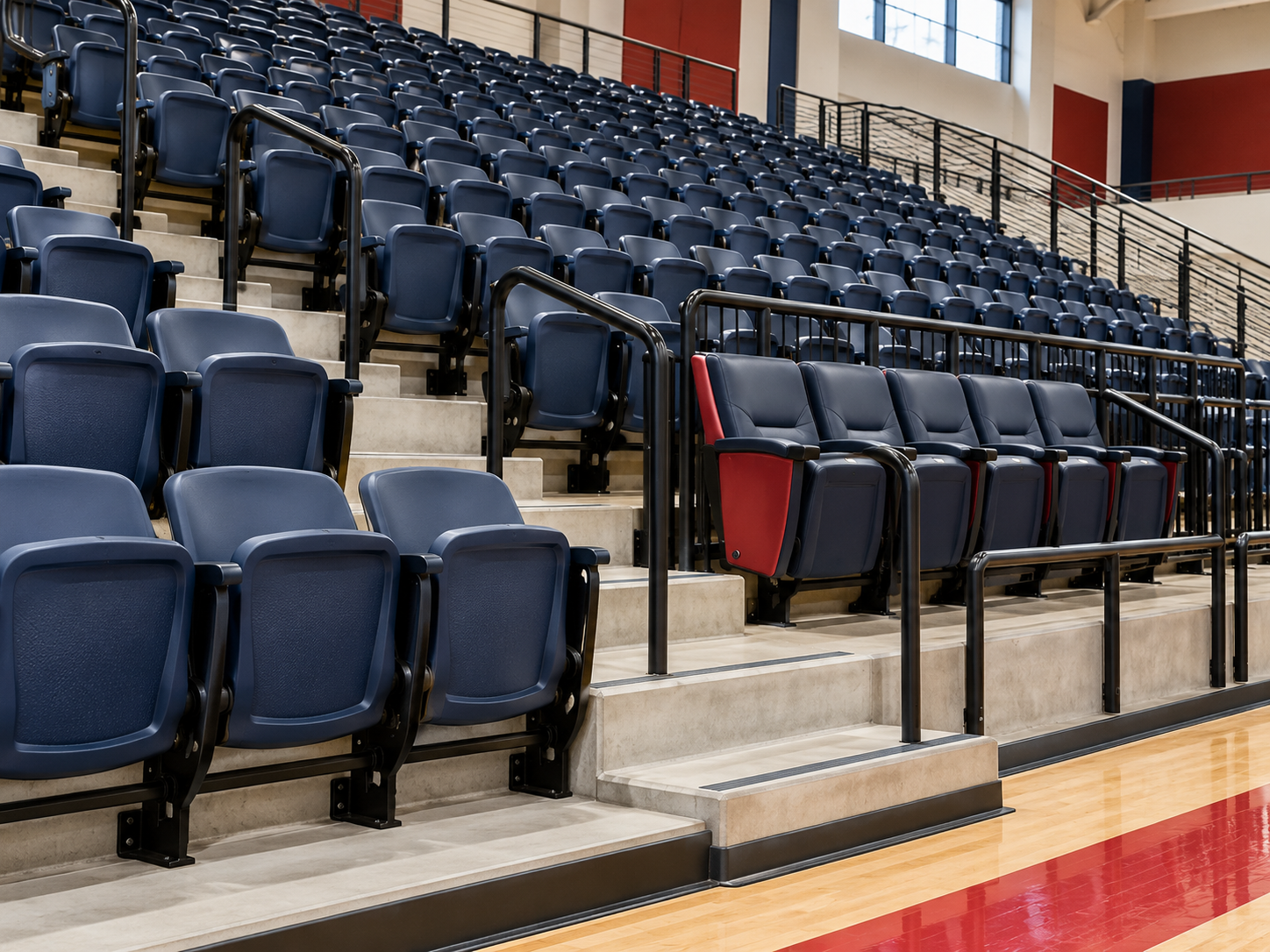Fixed molded spectator seats with a premium upholstered section