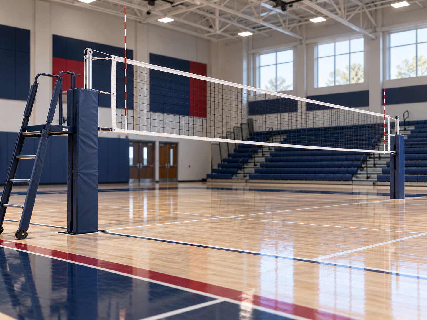 Competition volleyball net, padded standards and referee stand